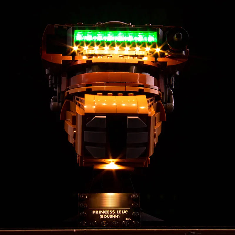 LEGO® Star Wars Princess Leia (Boushh) Helmet #75351 installed and glowing, with the LED lighting kit