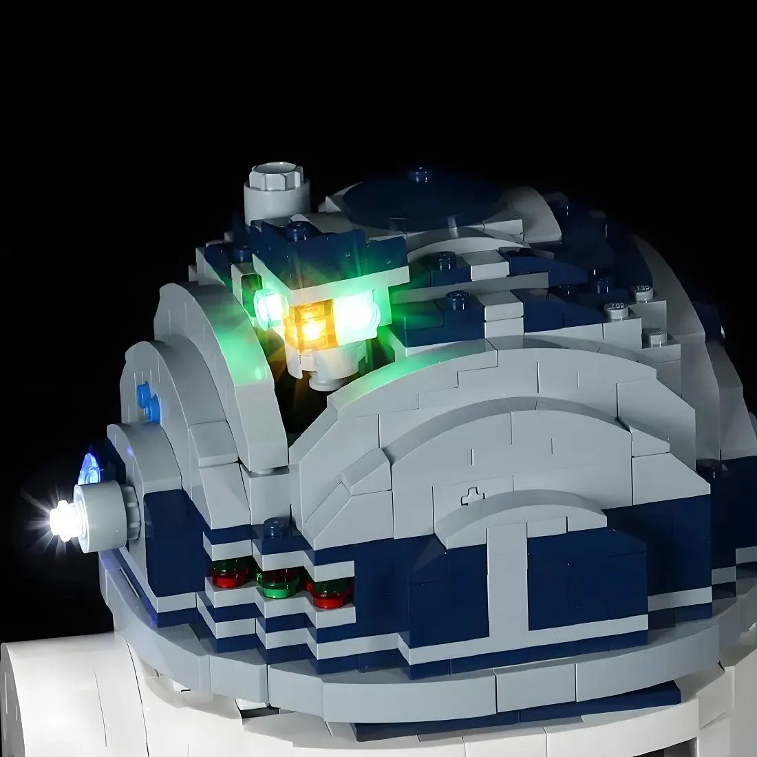 installed and glowing: Bright My Bricks RGB LED light kit for LEGO® Star Wars R2-D2 #75308