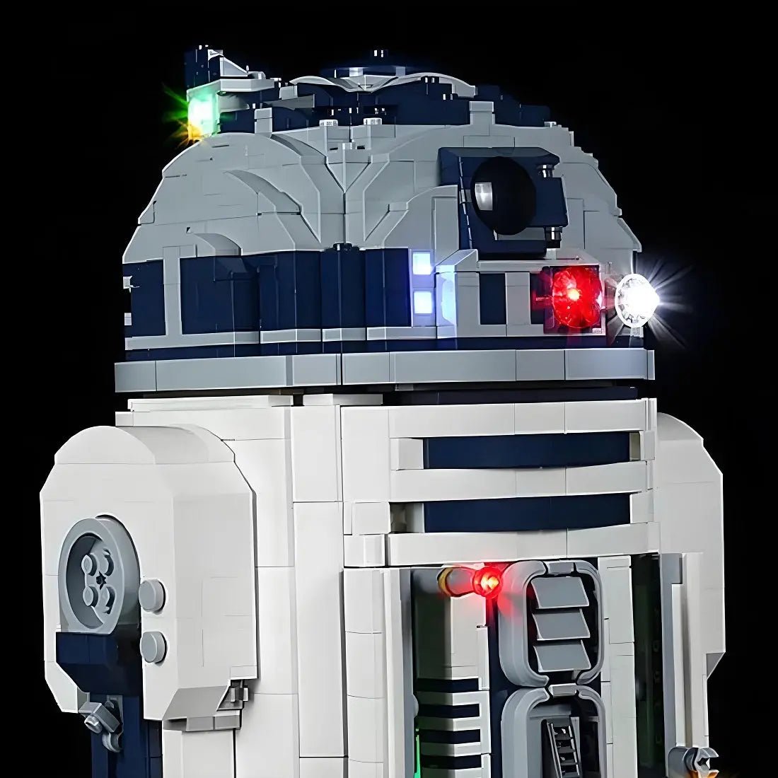 LEGO® Star Wars R2-D2 #75308 illuminated at night, with the RGB LED light kit