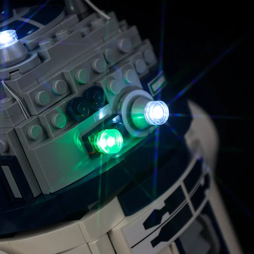 RGB LED light kit for LEGO® Star Wars R2-D2 #75379, side angle with lights on