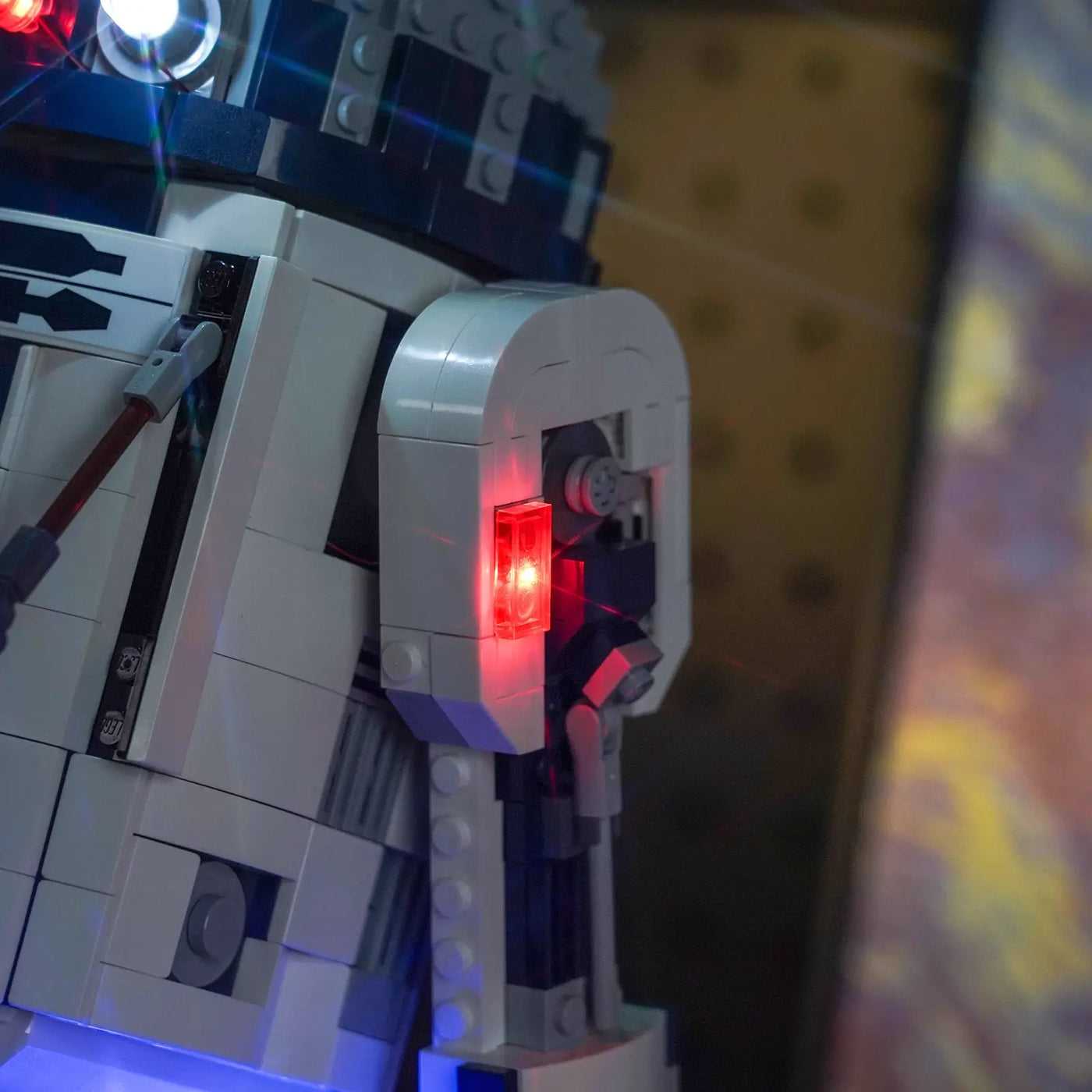 side angle with lights on: Bright My Bricks USB-powered LED light kit for LEGO® Star Wars R2-D2 #75379