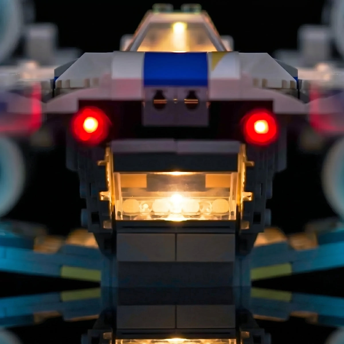 LEGO® Star Wars Rebel U-Wing Starfighter #75399 side angle with lights on, with the LED lights