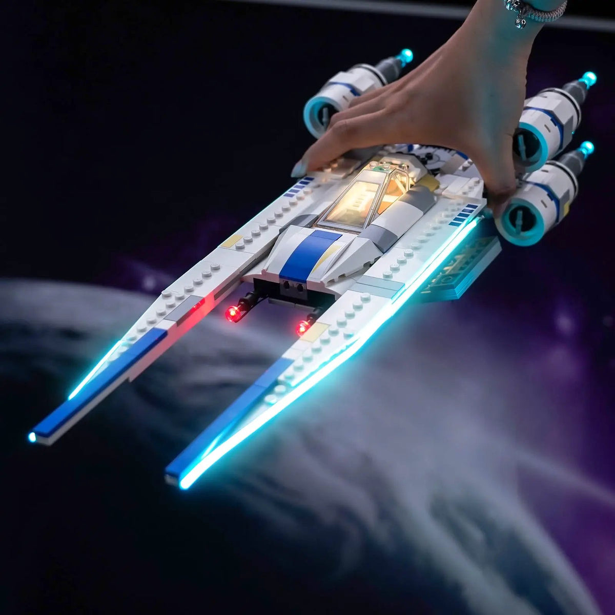 Bright My Bricks LED lighting kit for LEGO® Star Wars Rebel U-Wing Starfighter #75399 — side angle with lights on