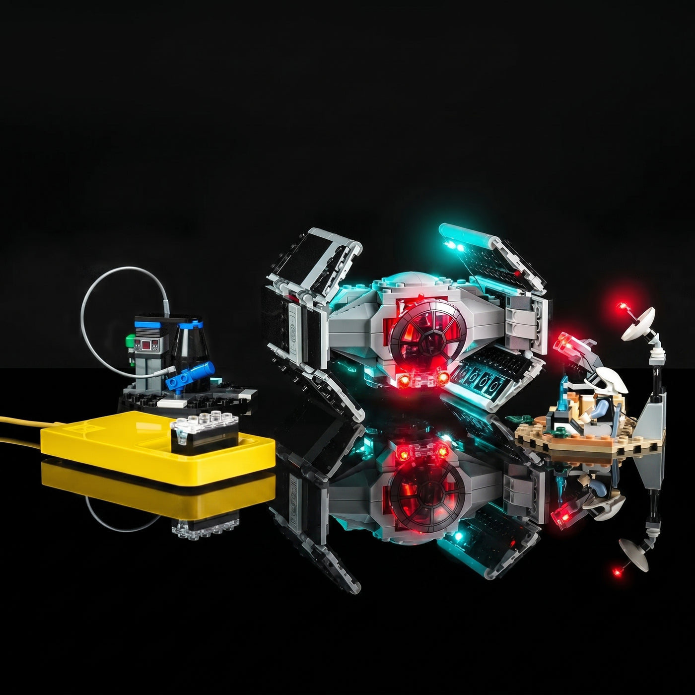 LEGO® Star Wars SMART Play Darth Vader's TIE Fighter #75421 front view fully lit, with the LED light kit