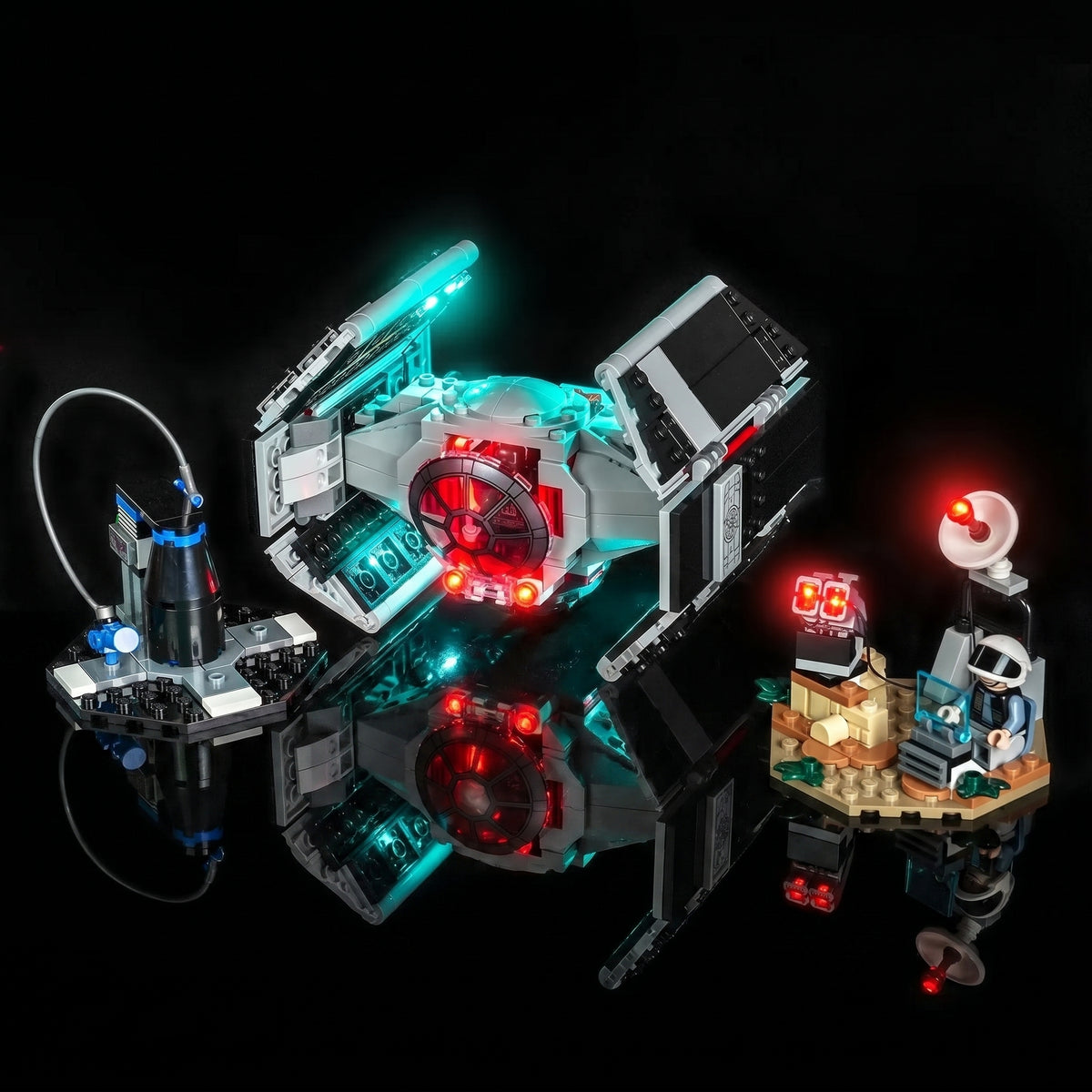 Bright My Bricks LED light kit for LEGO® Star Wars SMART Play Darth Vader's TIE Fighter #75421 — before-and-after lighting