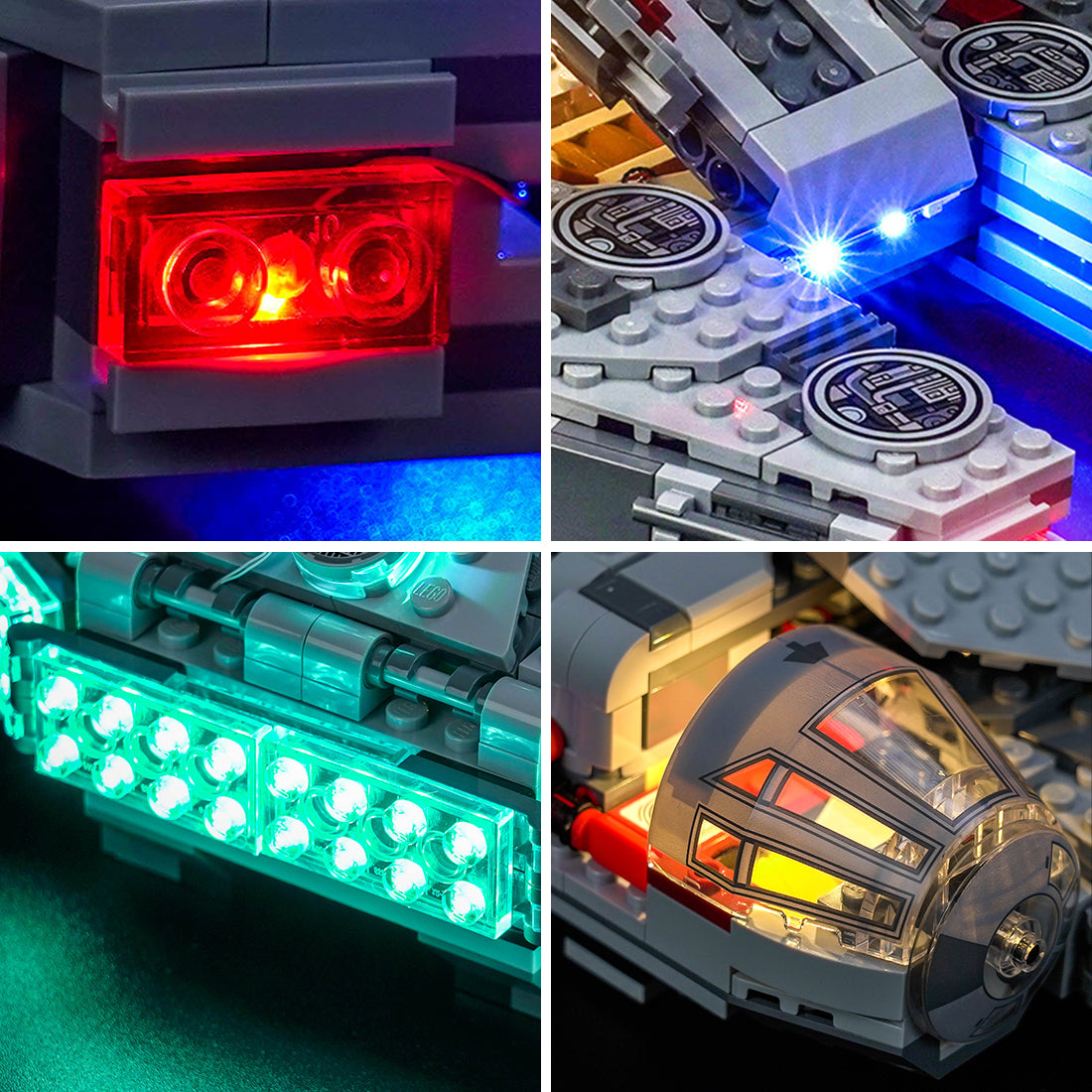 light kit for LEGO® Star Wars SMART Play Millennium Falcon #75426, fully illuminated on display