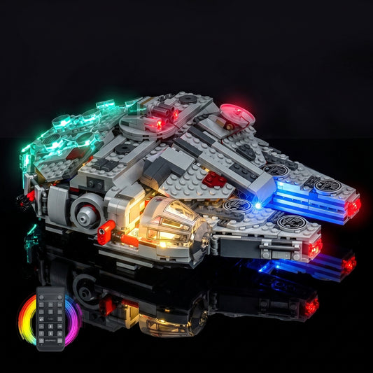 LEGO® Star Wars SMART Play Millennium Falcon #75426 display lighting in a dark room, with the custom LED lighting