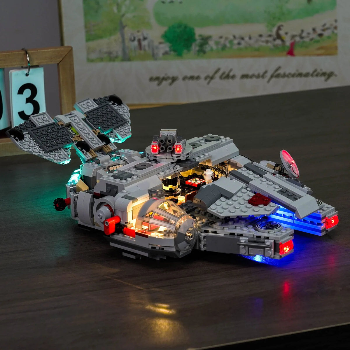 LEGO® Star Wars SMART Play Millennium Falcon #75426 illuminated at night, with the LED lighting kit