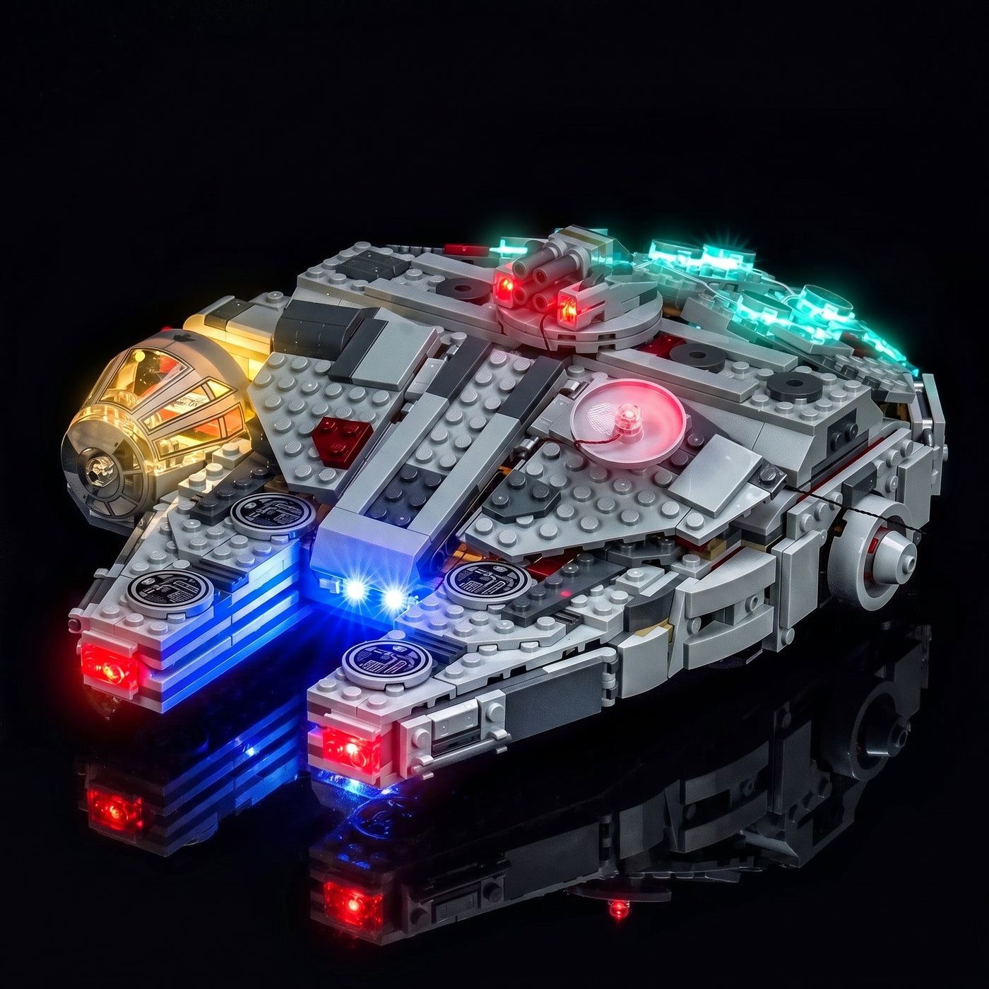 LEGO® Star Wars SMART Play Millennium Falcon #75426 fully illuminated on display, with the light kit