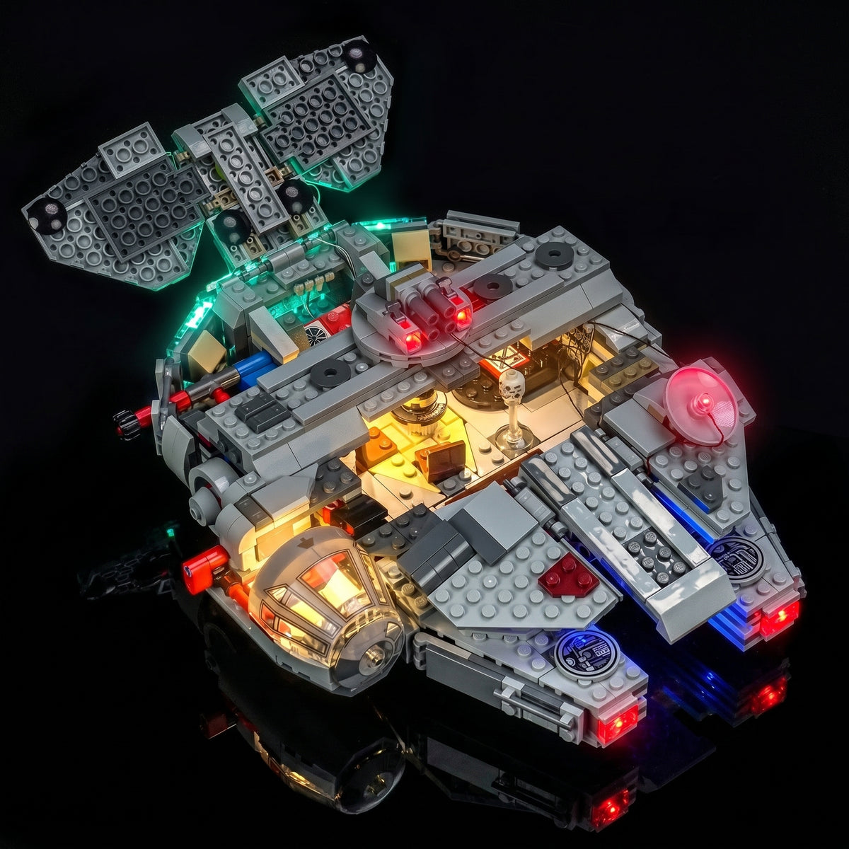 LEGO® Star Wars SMART Play Millennium Falcon #75426 side angle with lights on, with the RGB LED light kit
