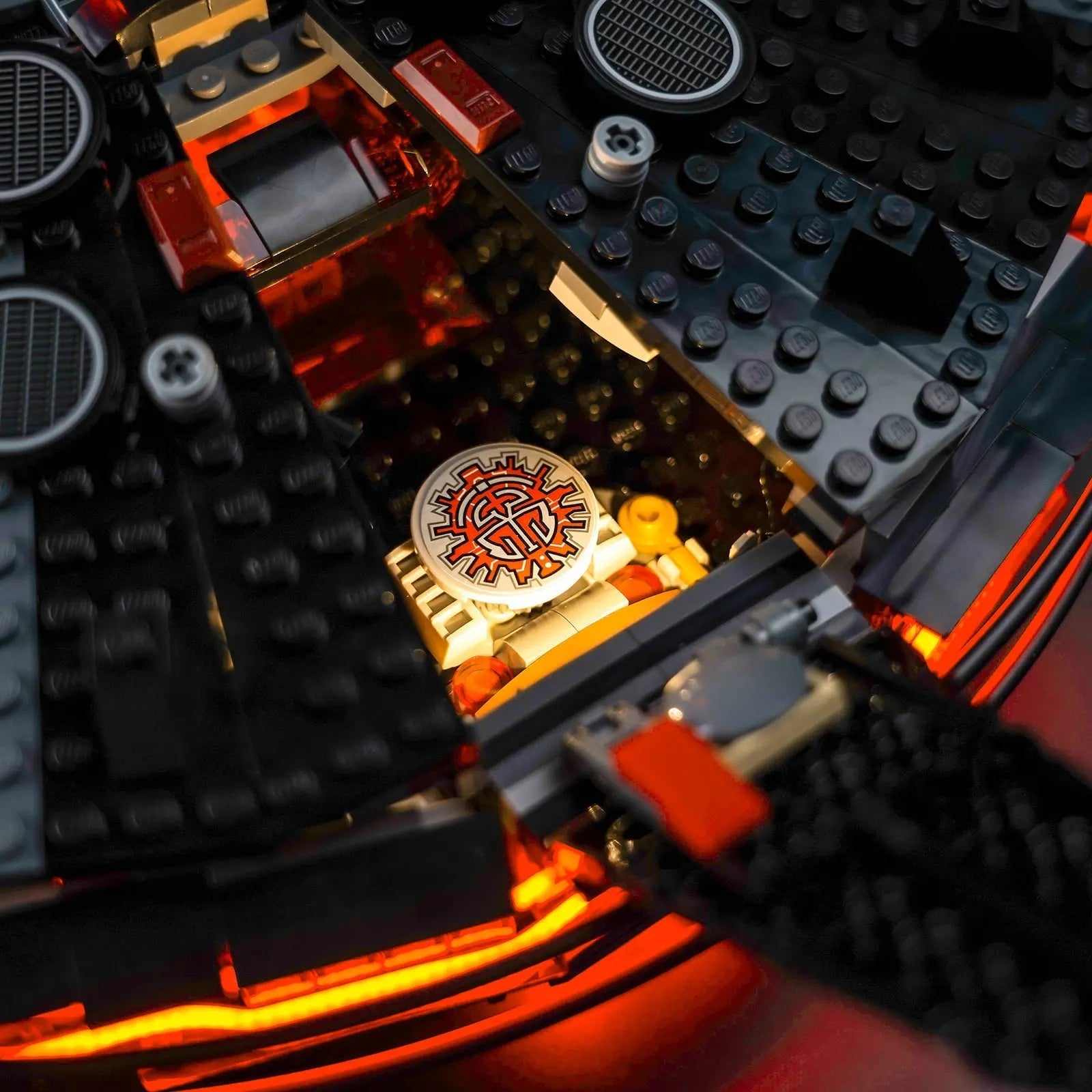 Close-up of LED lights on LEGO Star Wars The Dark Falcon #75389