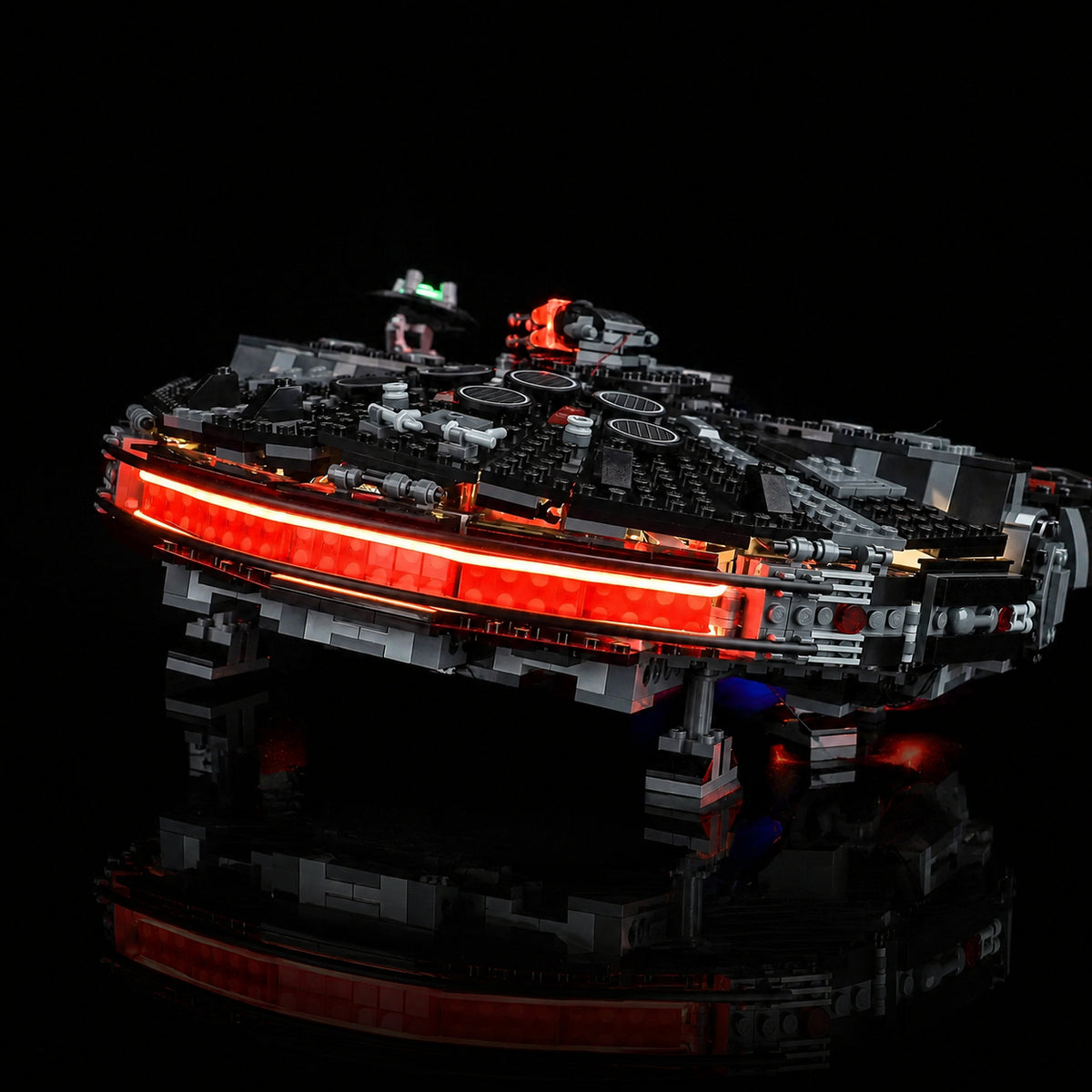 LEGO® Star Wars The Dark Falcon #75389 showcase lighting view, with the display light kit