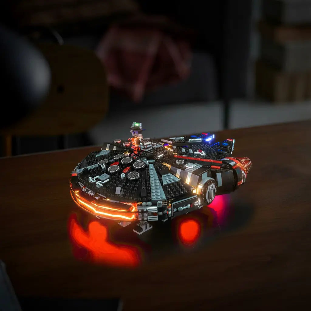 before-and-after lighting: Bright My Bricks display light kit for LEGO® Star Wars The Dark Falcon #75389