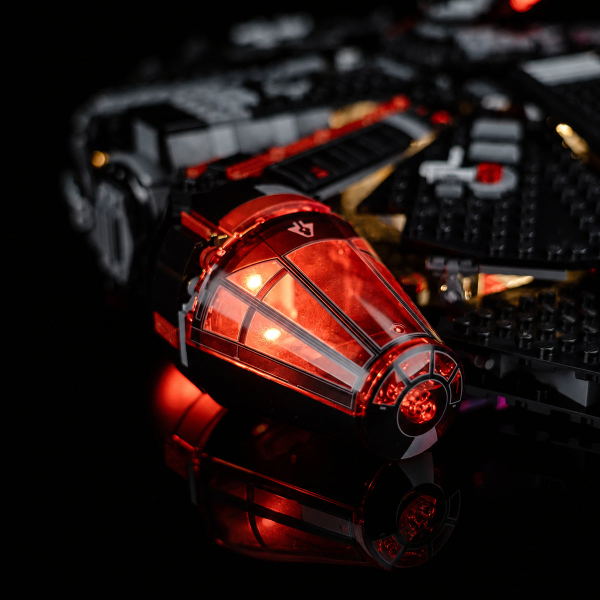 front view fully lit: Bright My Bricks custom LED lighting for LEGO® Star Wars The Dark Falcon #75389