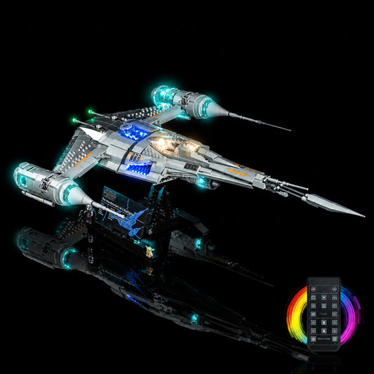 LED lights for LEGO® Star Wars The Mandalorian's N-1 Starfighter #75442, fully illuminated on display