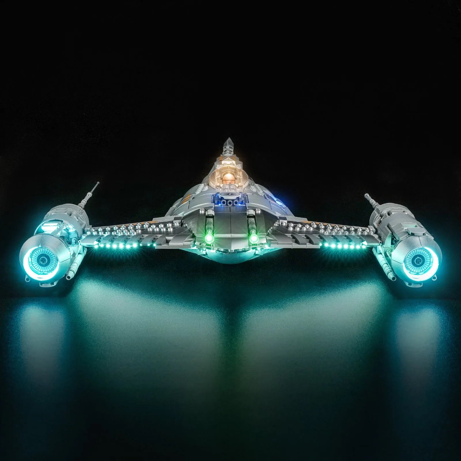 LEGO Star Wars The Mandalorian's N-1 Starfighter #75442 illuminated at night