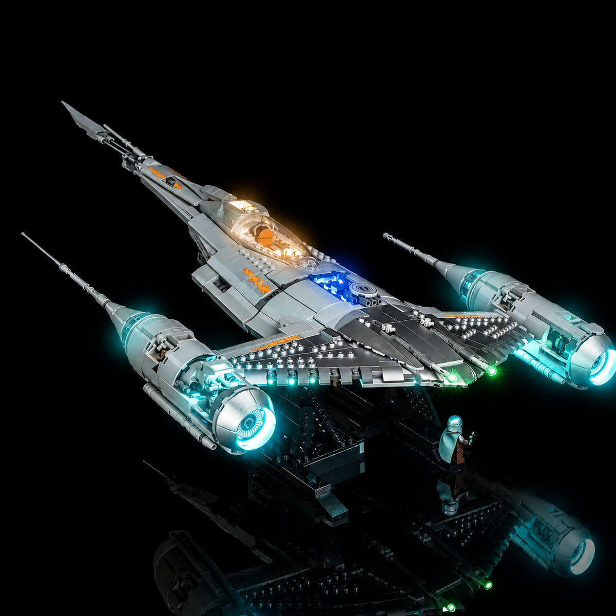 Bright My Bricks LED lights for LEGO® Star Wars The Mandalorian's N-1 Starfighter #75442 — warm LED glow detail