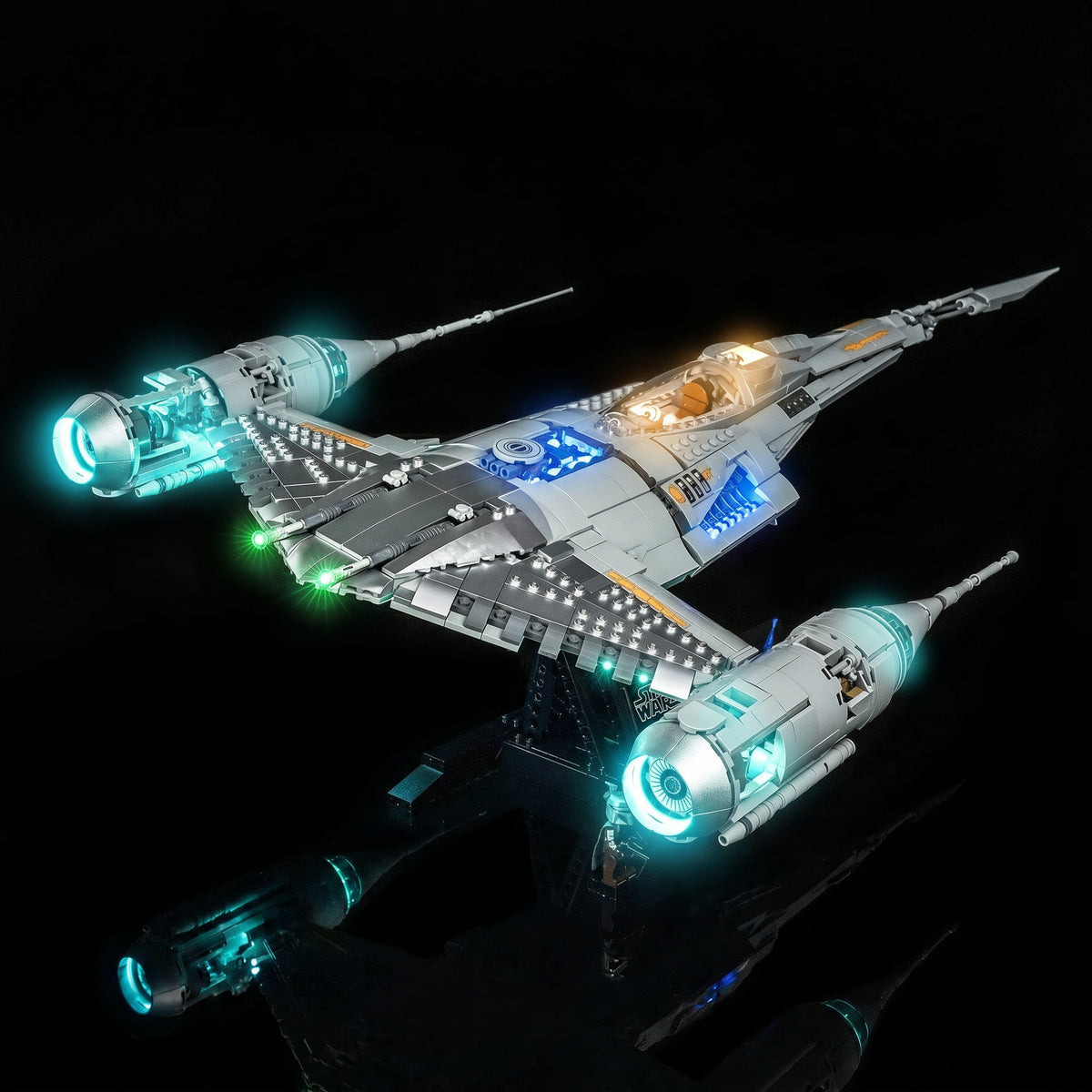 LEGO® Star Wars The Mandalorian's N-1 Starfighter #75442 front view fully lit, with the display light kit