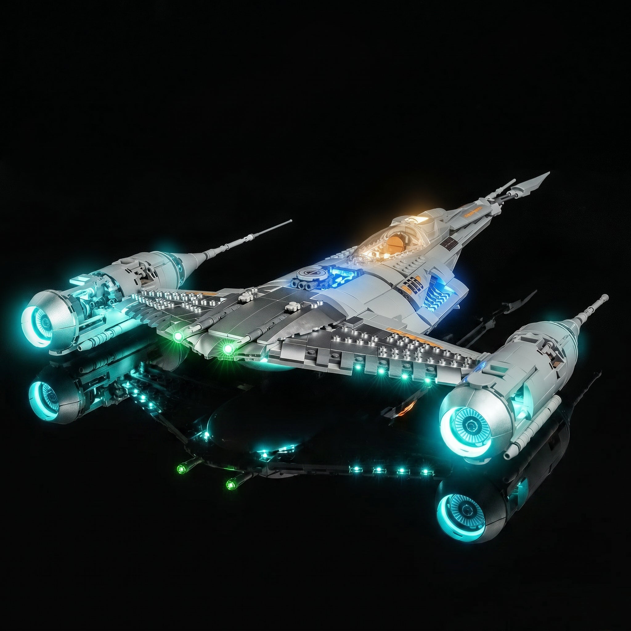 LEGO® Star Wars The Mandalorian's N-1 Starfighter #75442 illuminated at night, with the DIY LED light kit