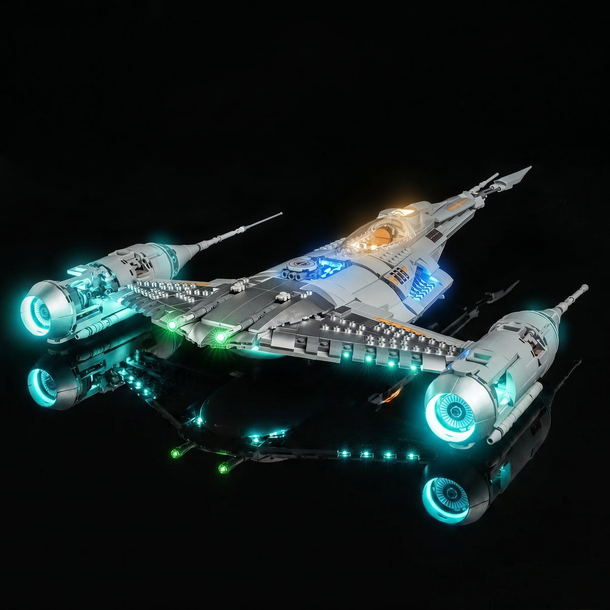 LEGO® Star Wars The Mandalorian's N-1 Starfighter #75442 illuminated at night, with the DIY LED light kit