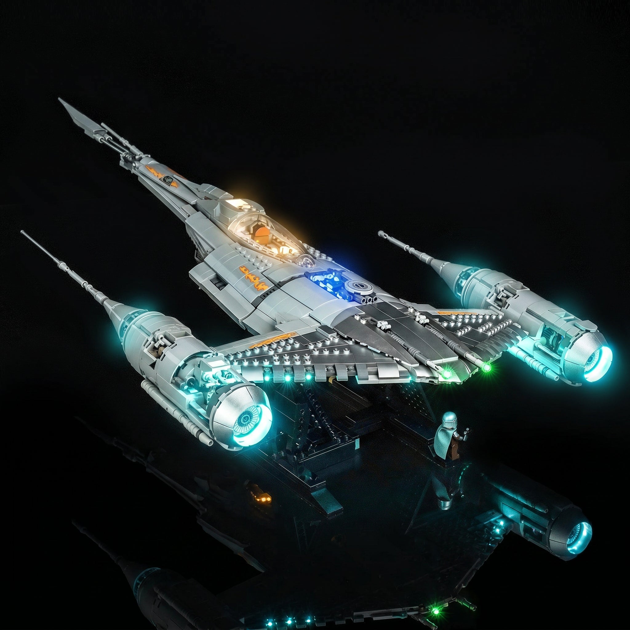 before-and-after lighting: Bright My Bricks custom LED lighting for LEGO® Star Wars The Mandalorian's N-1 Starfighter #75442