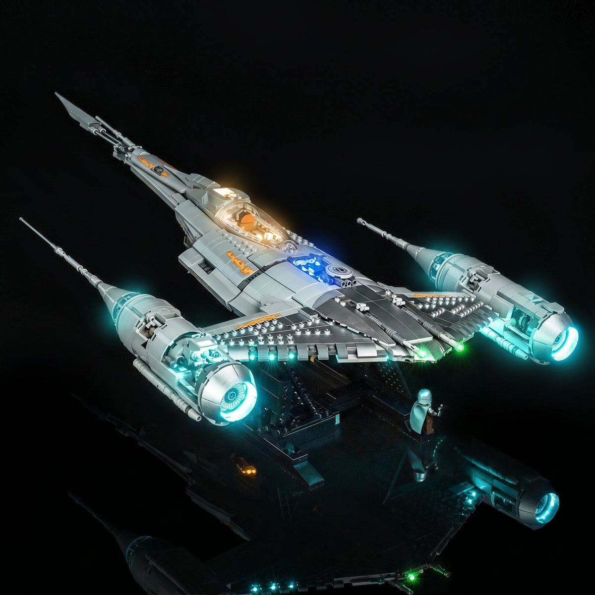 before-and-after lighting: Bright My Bricks custom LED lighting for LEGO® Star Wars The Mandalorian's N-1 Starfighter #75442