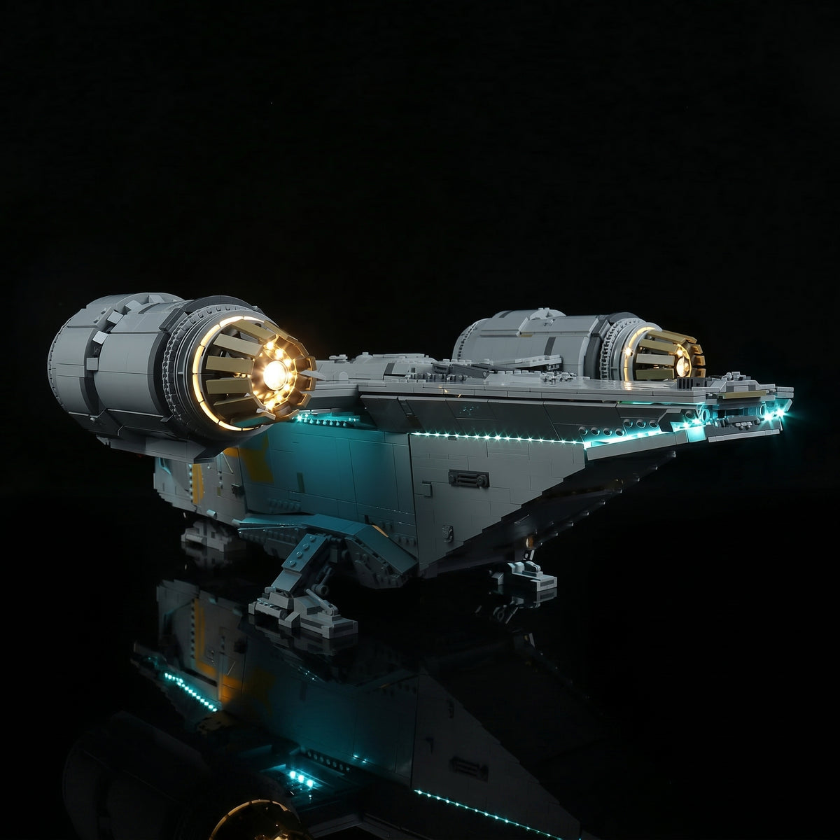 LEGO® Star Wars The Razor Crest #75331 night-mode display glow, with the DIY LED light kit
