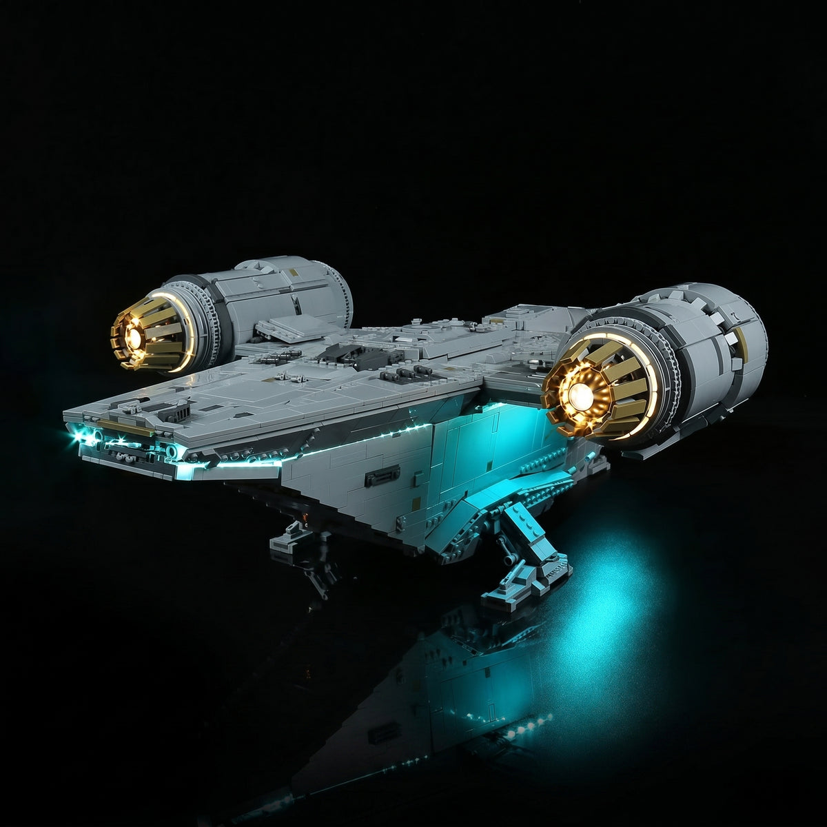 LEGO® Star Wars The Razor Crest #75331 LED kit powered on, with the premium LED light kit