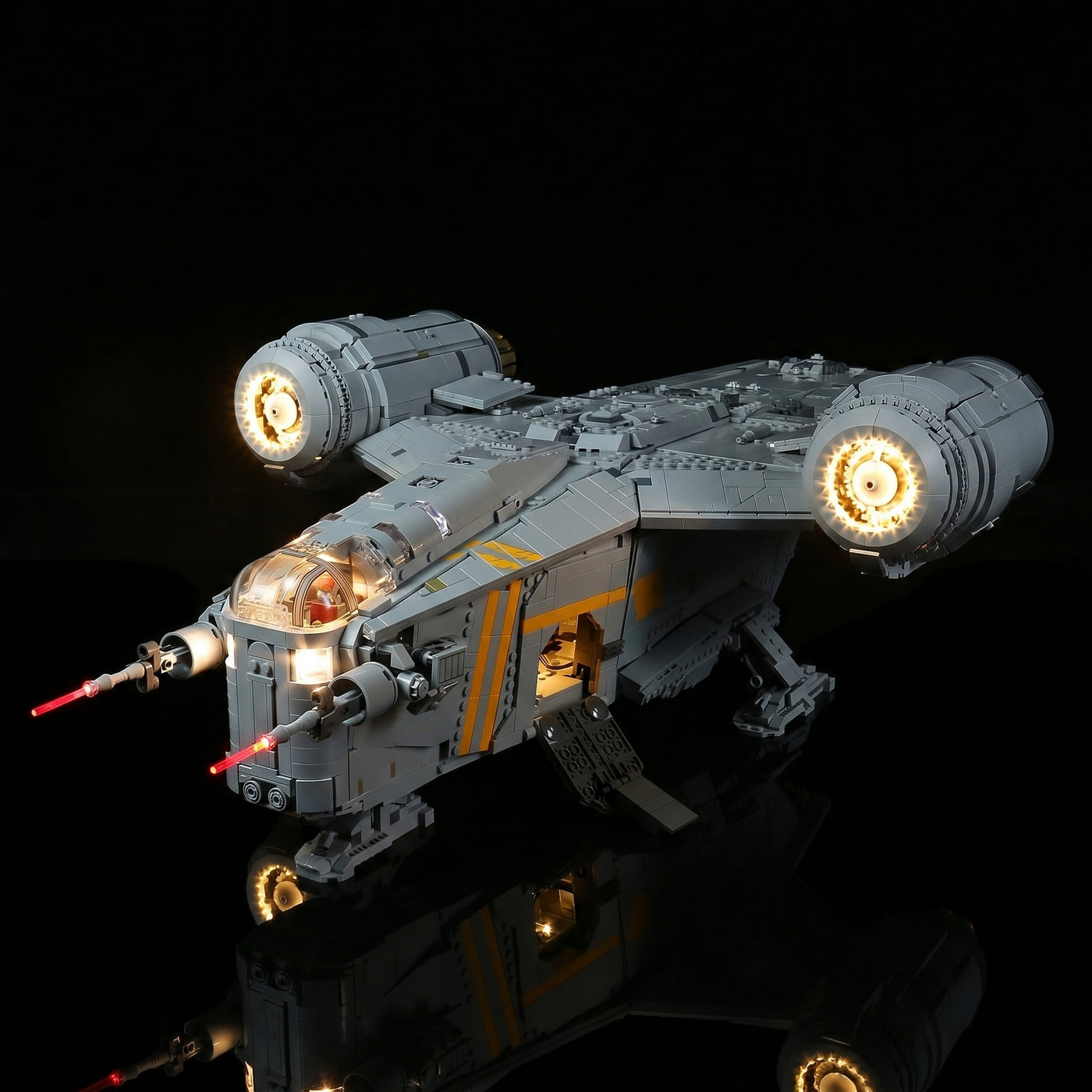 LEGO® Star Wars The Razor Crest #75331 warm LED glow detail, with the DIY LED light kit
