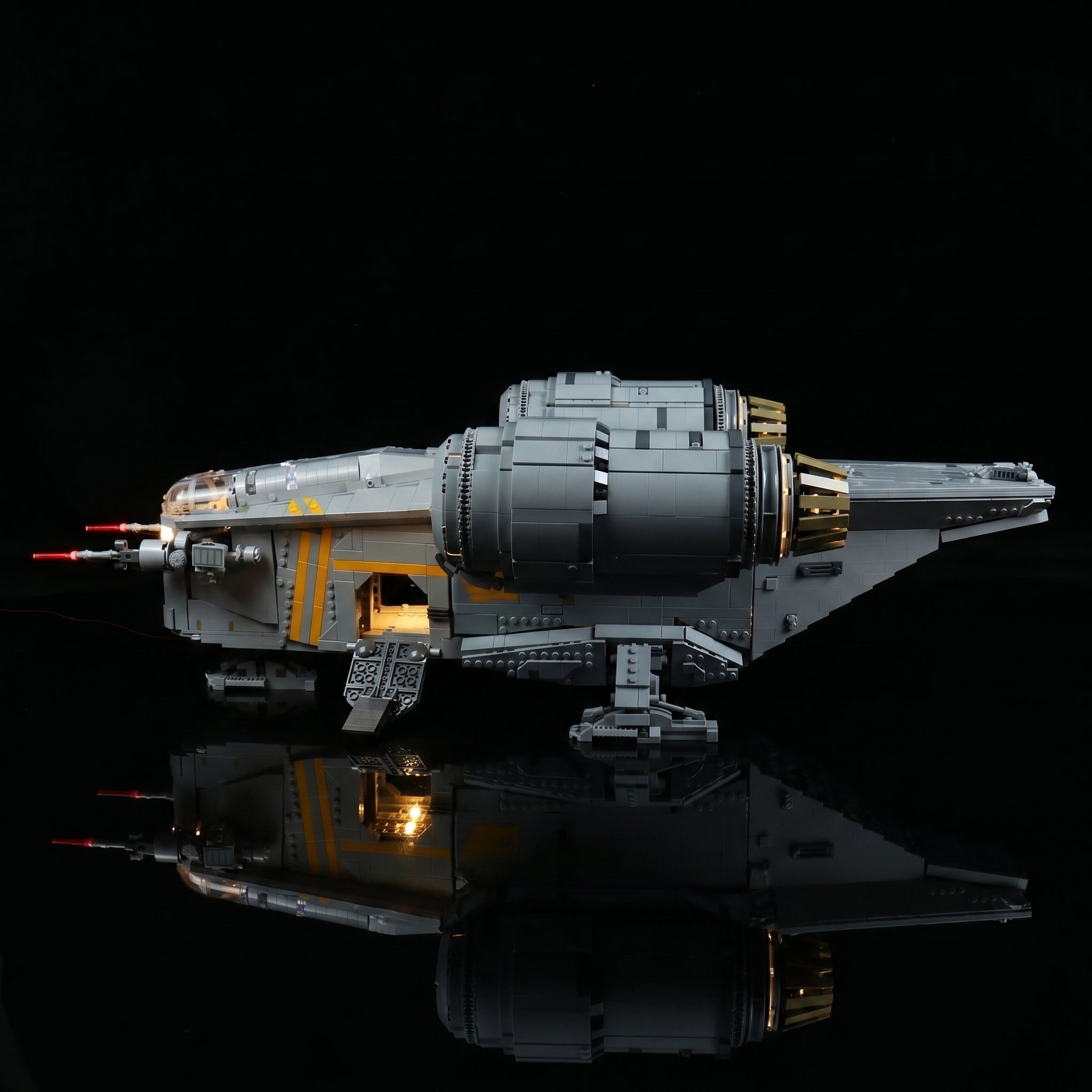 USB-powered LED light kit for LEGO® Star Wars The Razor Crest #75331, side angle with lights on