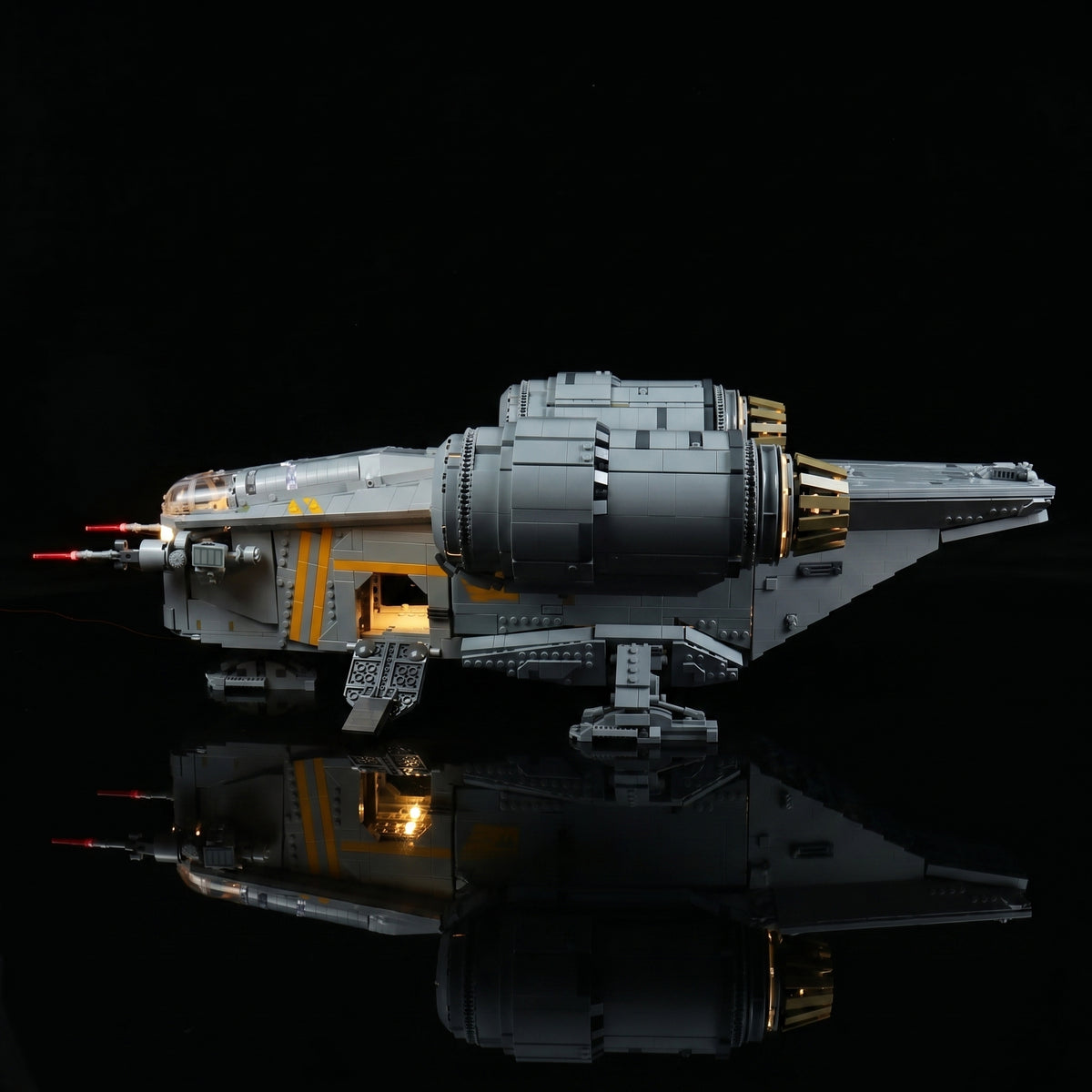 USB-powered LED light kit for LEGO® Star Wars The Razor Crest #75331, side angle with lights on