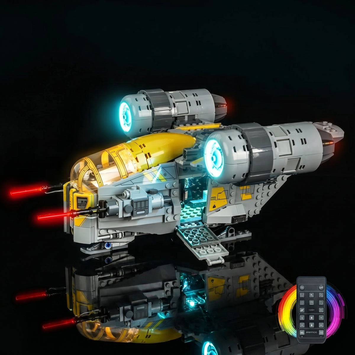 LEGO® Star Wars The Razor Crest #75447 display lighting in a dark room, with the RGB LED light kit