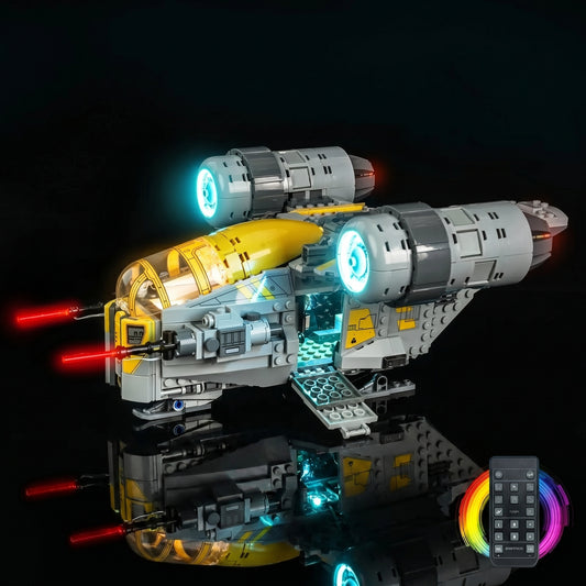 LEGO® Star Wars The Razor Crest #75447 display lighting in a dark room, with the RGB LED light kit