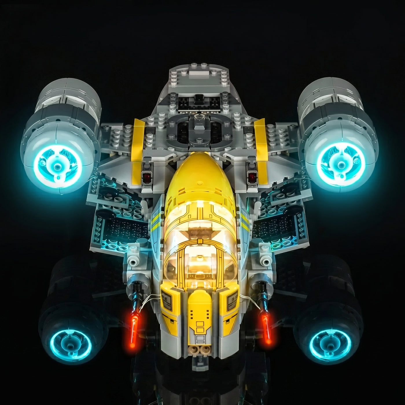 LEGO® Star Wars The Razor Crest #75447 installed and glowing, with the DIY LED light kit