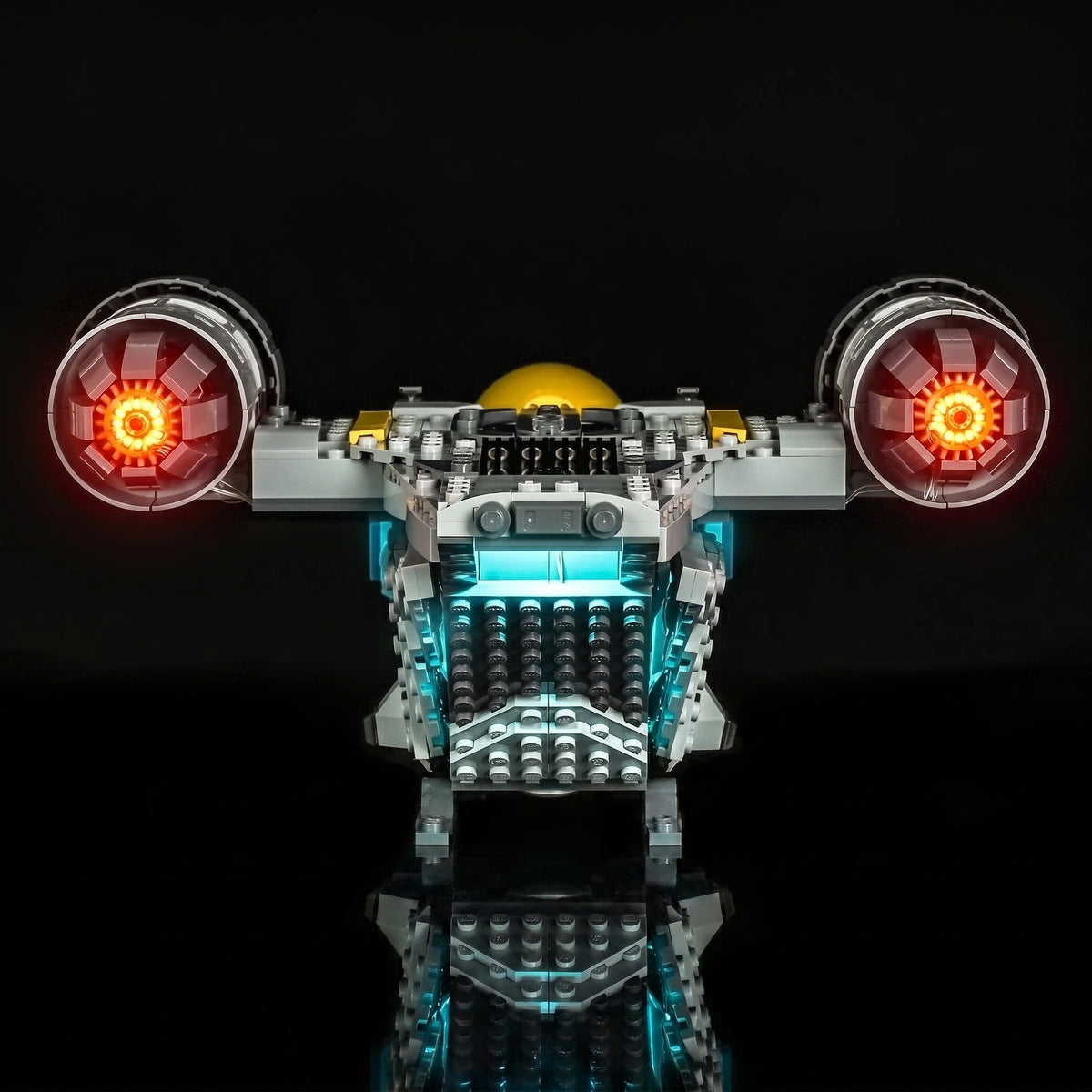 LEGO® Star Wars The Razor Crest #75447 warm LED glow detail, with the DIY LED light kit