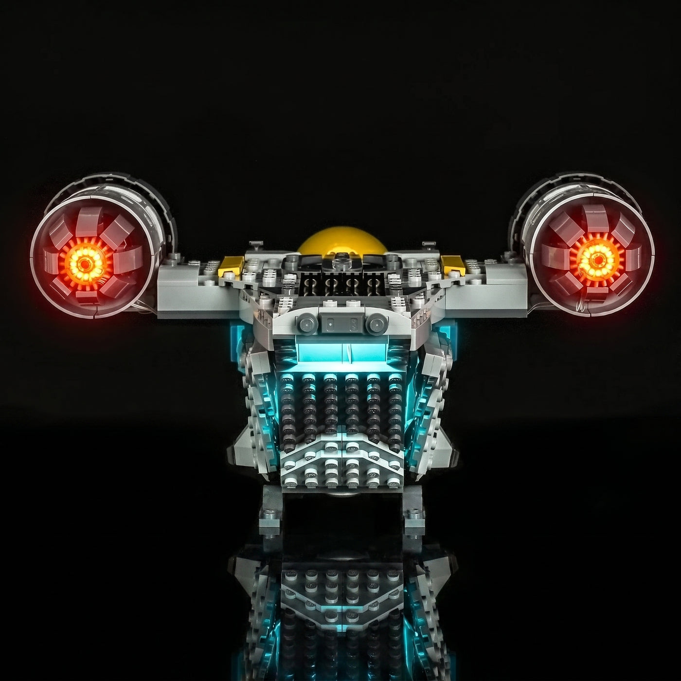LEGO® Star Wars The Razor Crest #75447 warm LED glow detail, with the DIY LED light kit