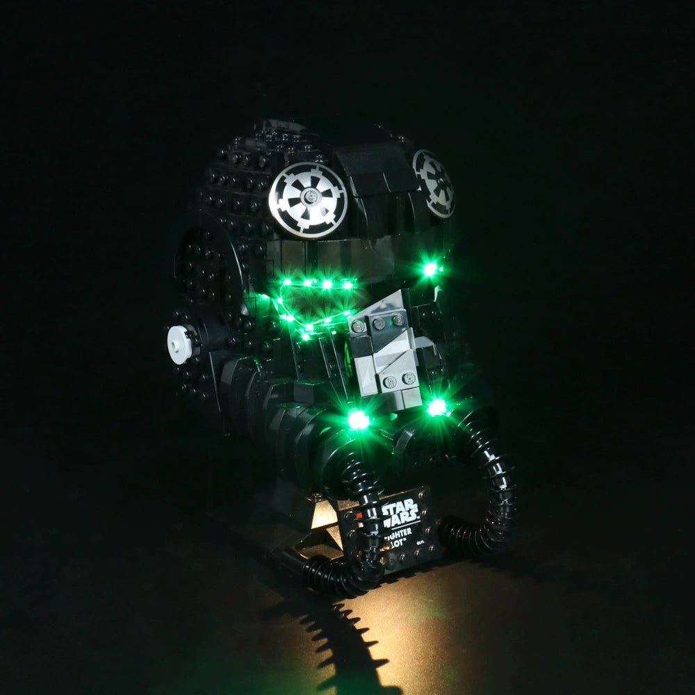 LEGO® Star Wars TIE Fighter Pilot Helmet #75274 side angle with lights on, with the LED light kit