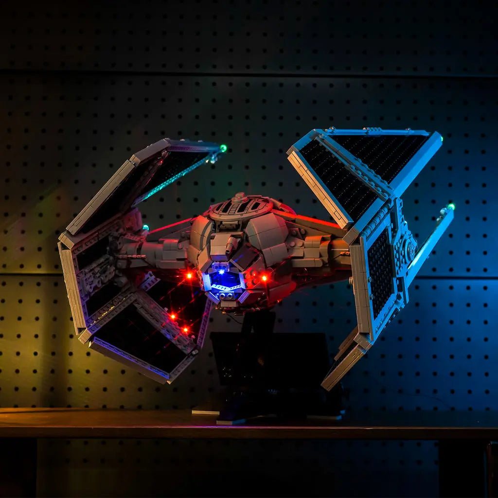 LED lighting kit for LEGO® Star Wars TIE Interceptor #75382, front view fully lit