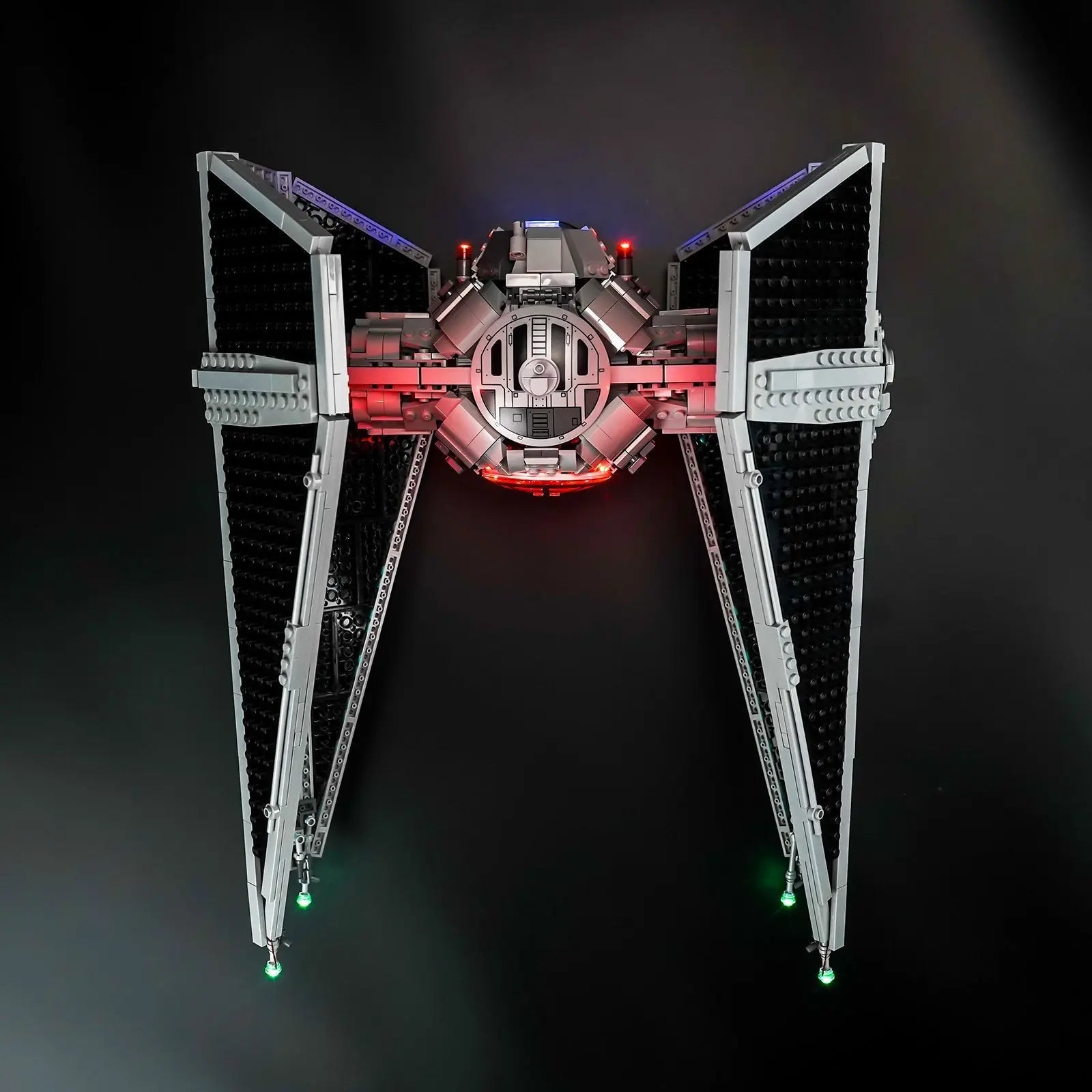 premium LED light kit for LEGO® Star Wars TIE Interceptor #75382, illuminated at night