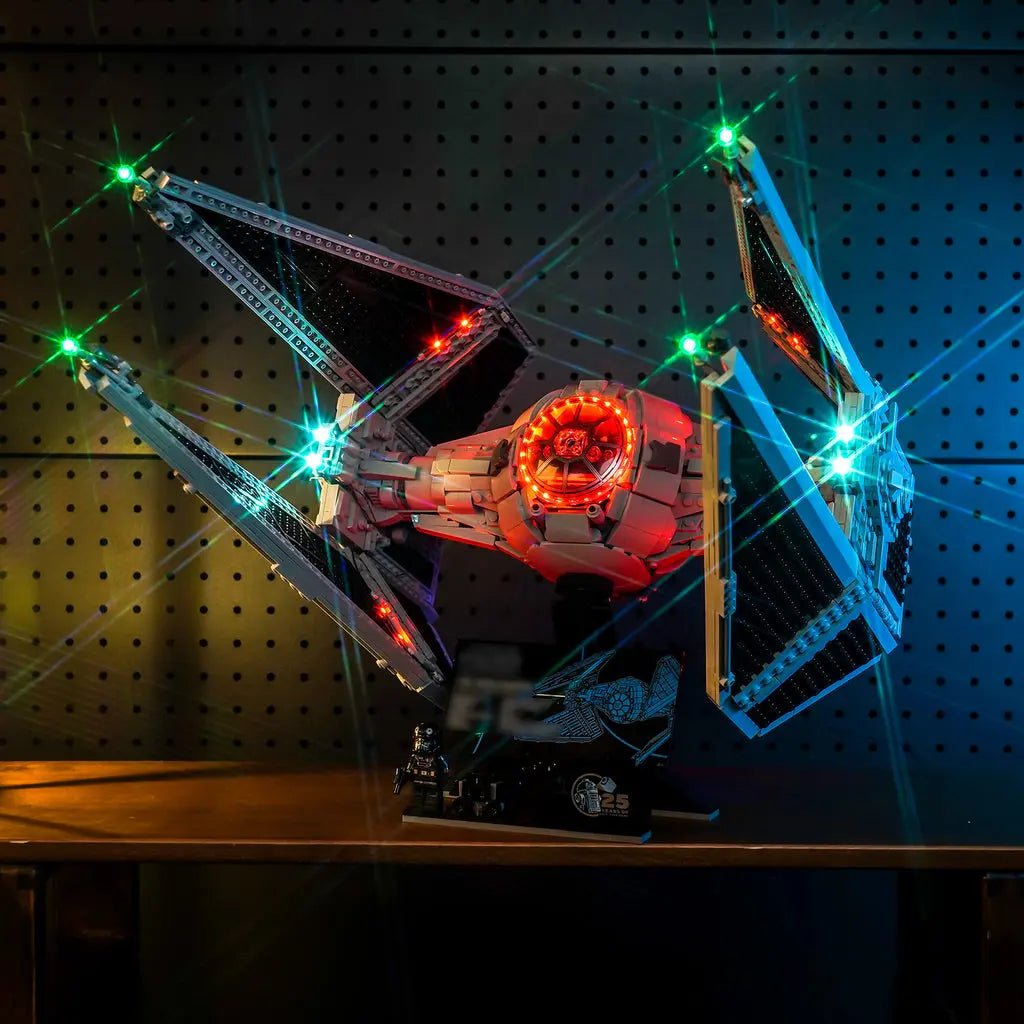 DIY LED light kit for LEGO® Star Wars TIE Interceptor #75382, installed and glowing