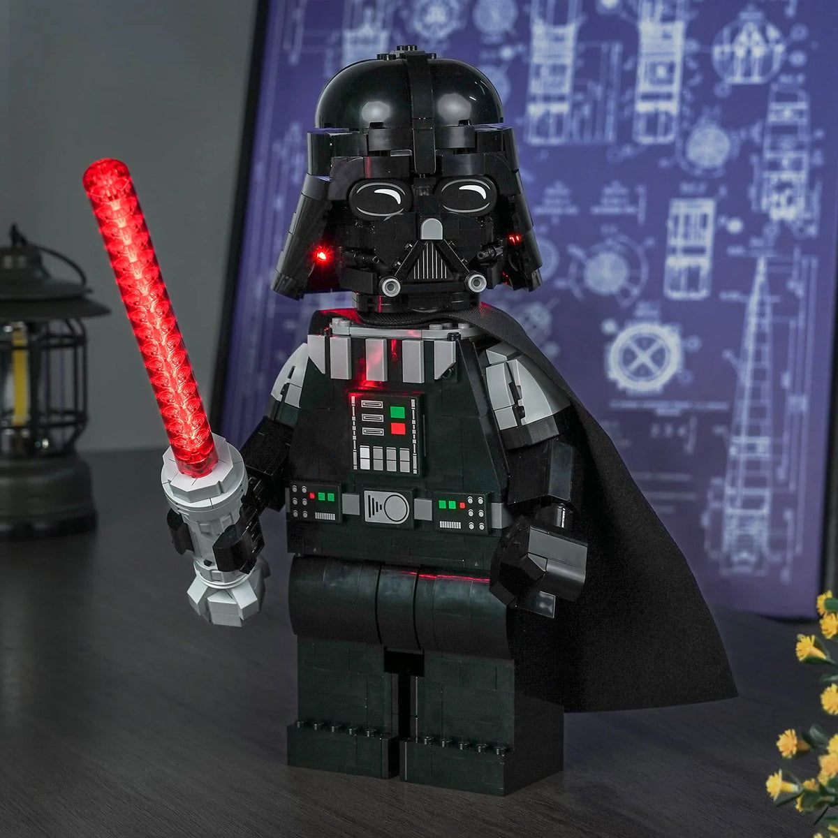 LEGO® Star Wars Up-Scaled Darth Vader Minifigure #75461 illuminated at night, with the USB-powered LED light kit