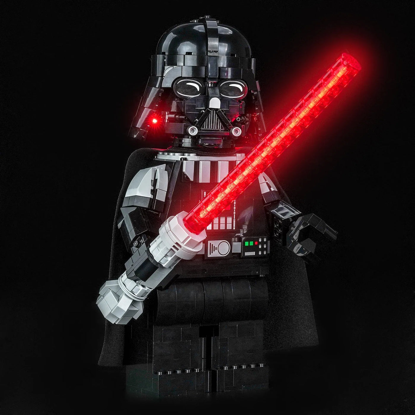 side angle with lights on: Bright My Bricks LED light kit for LEGO® Star Wars Up-Scaled Darth Vader Minifigure #75461