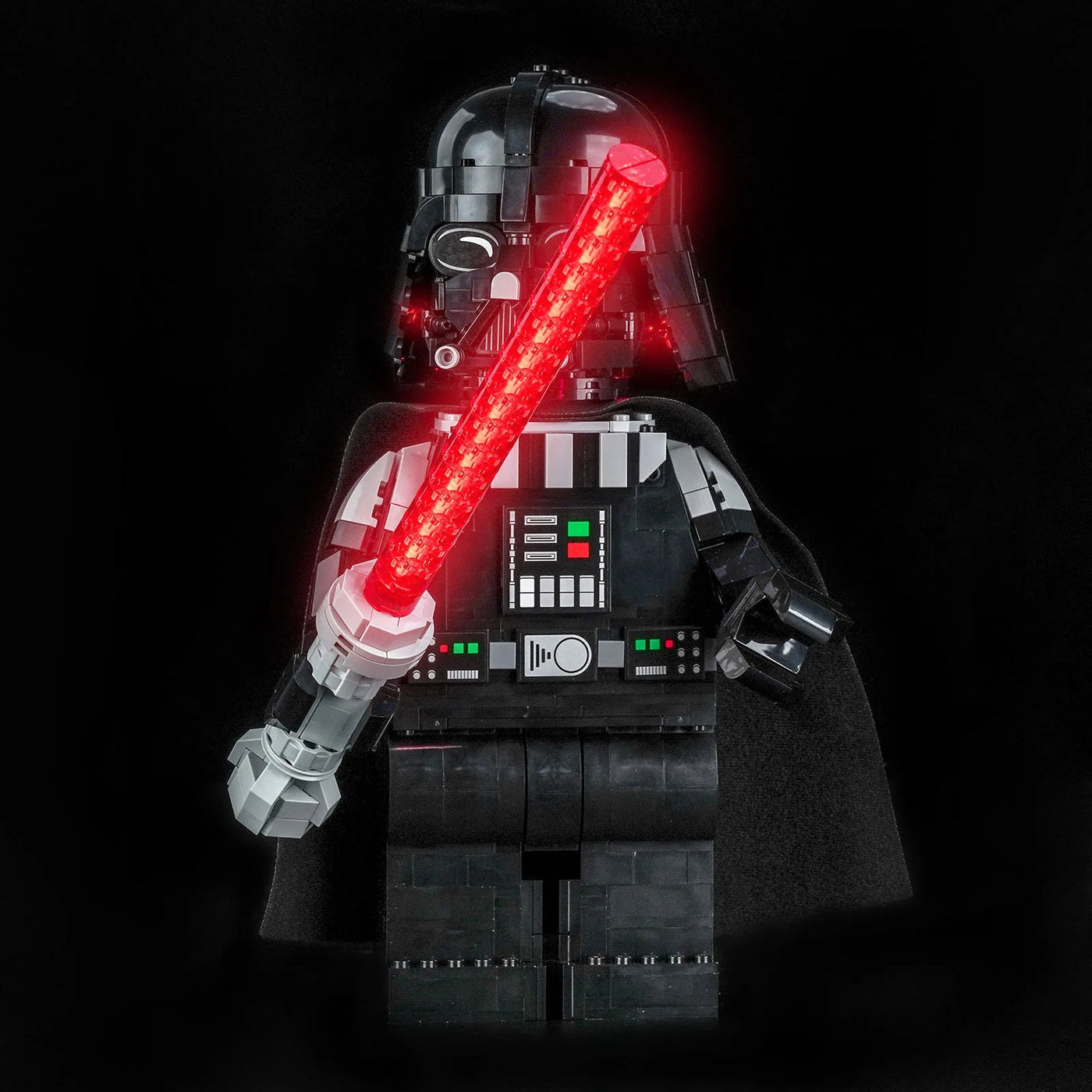 LEGO® Star Wars Up-Scaled Darth Vader Minifigure #75461 front view fully lit, with the LED light kit