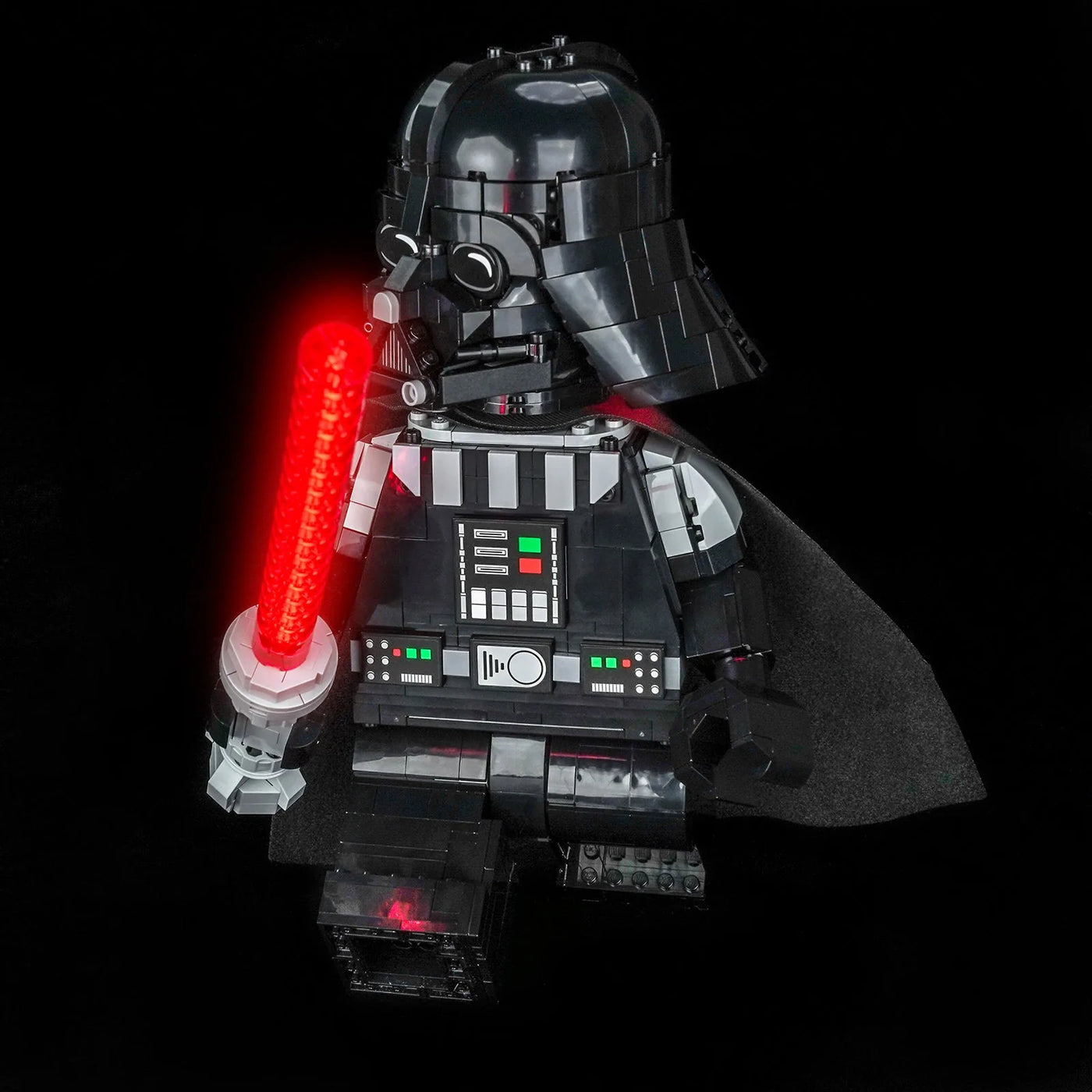 LEGO® Star Wars Up-Scaled Darth Vader Minifigure #75461 brightened interior detail, with the custom LED lighting