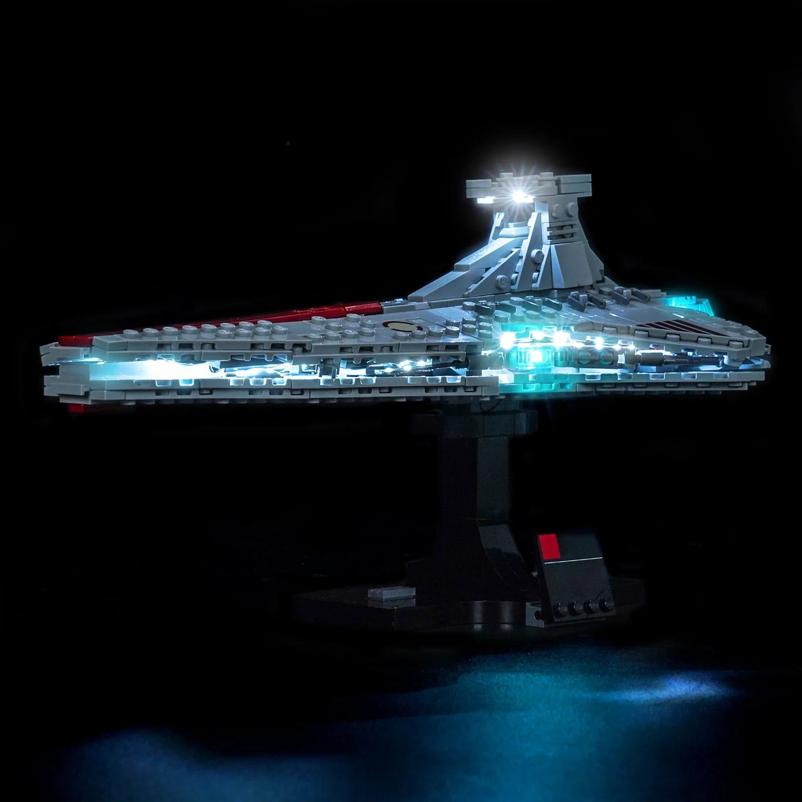 side angle with lights on: Bright My Bricks LED lighting kit for LEGO® Star Wars Venator-Class Attack Cruiser #75441