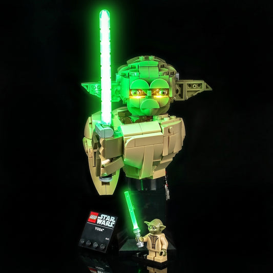 LEGO® Star Wars Yoda Bust #75438 — fully illuminated on display (RGB LED light kit)