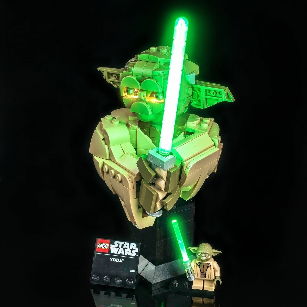 LEGO® Star Wars Yoda Bust #75438 fully illuminated on display, with the DIY LED light kit