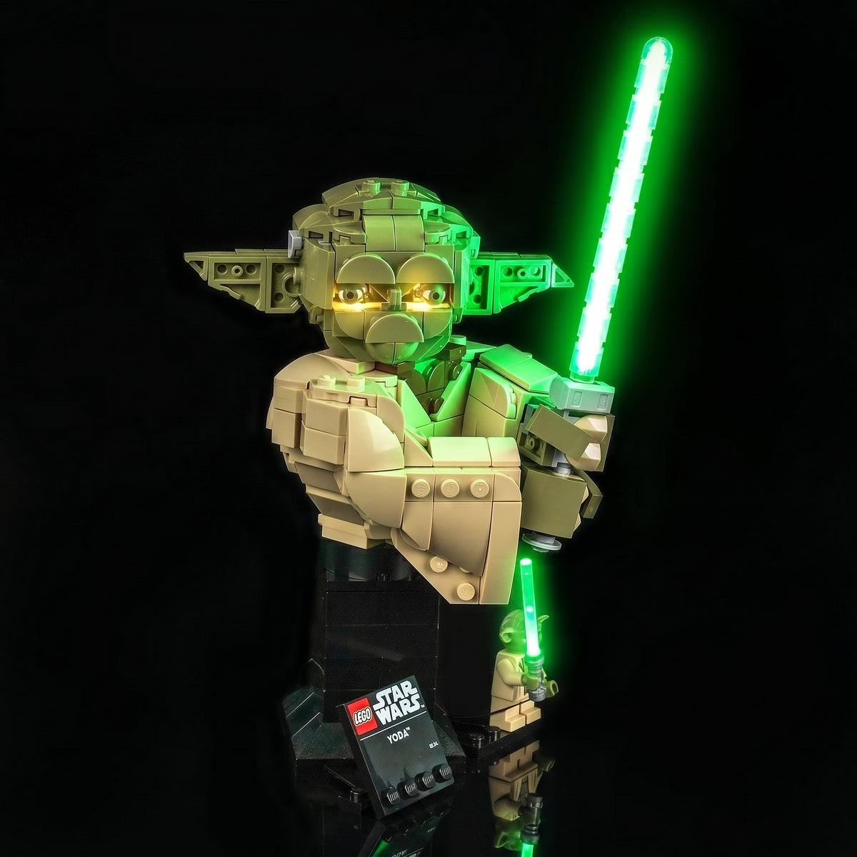LEGO® Star Wars Yoda Bust #75438 — illuminated at night (USB-powered LED light kit)