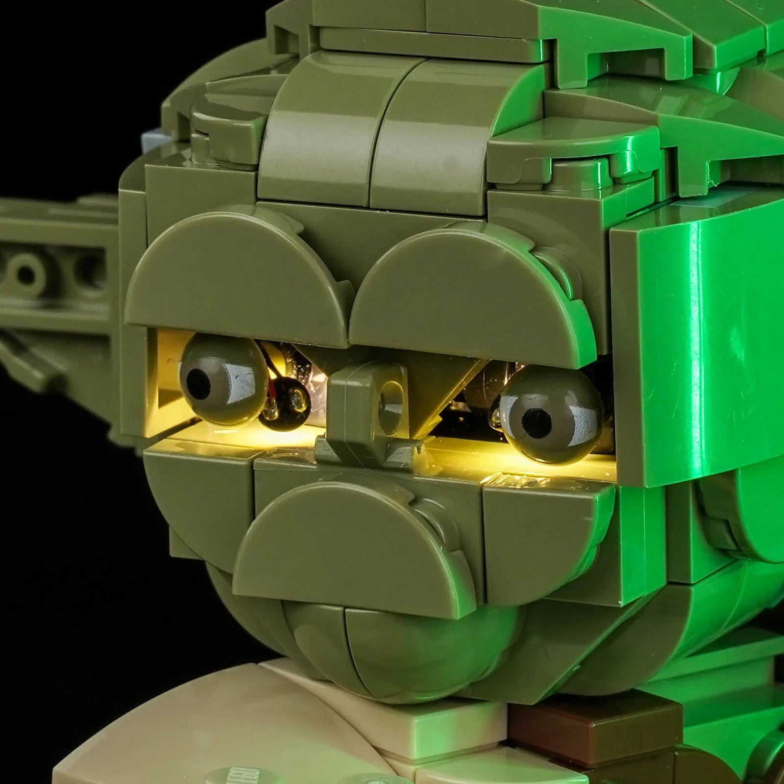 USB-powered LED light kit for LEGO® Star Wars Yoda Bust #75438, side angle with lights on