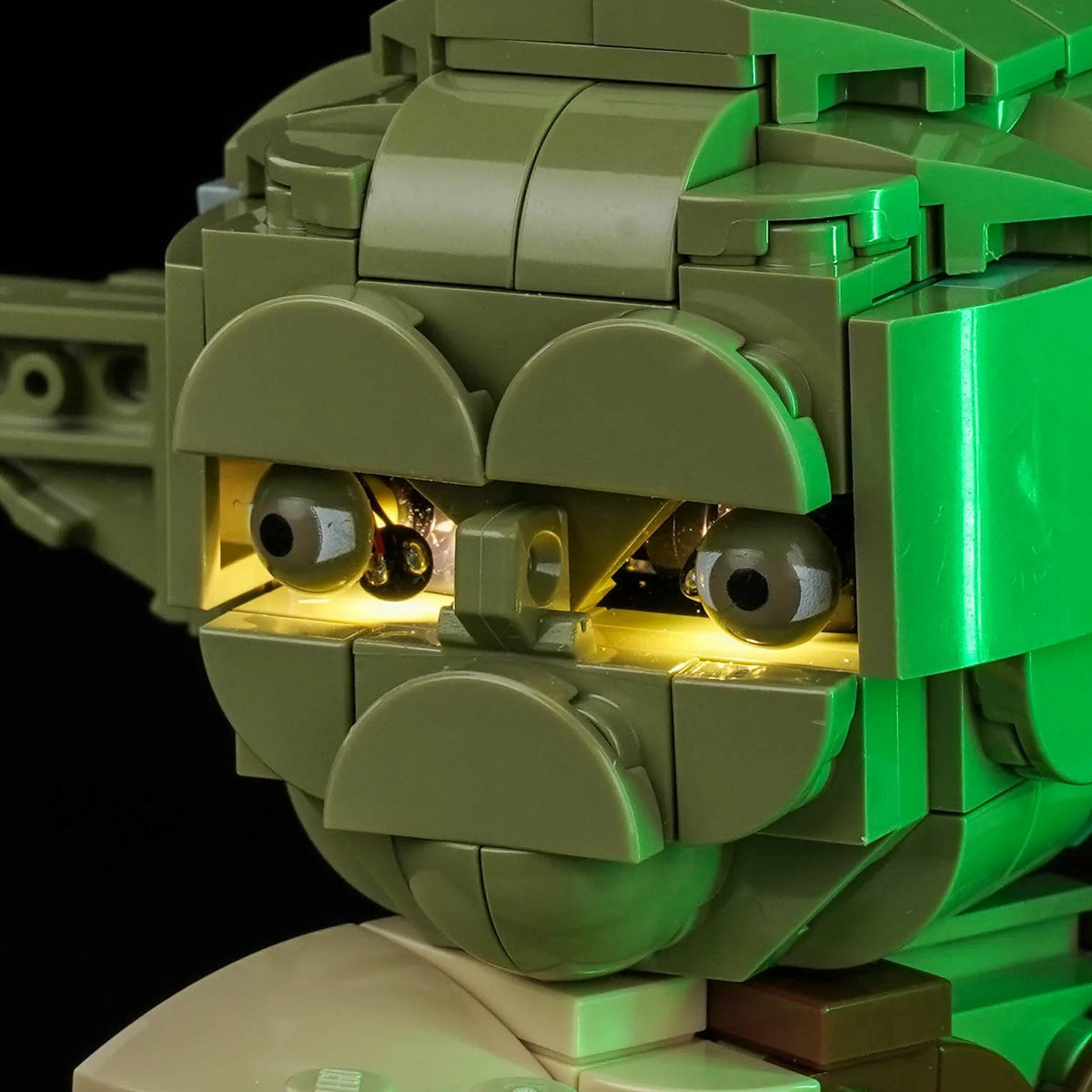 USB-powered LED light kit for LEGO® Star Wars Yoda Bust #75438, side angle with lights on